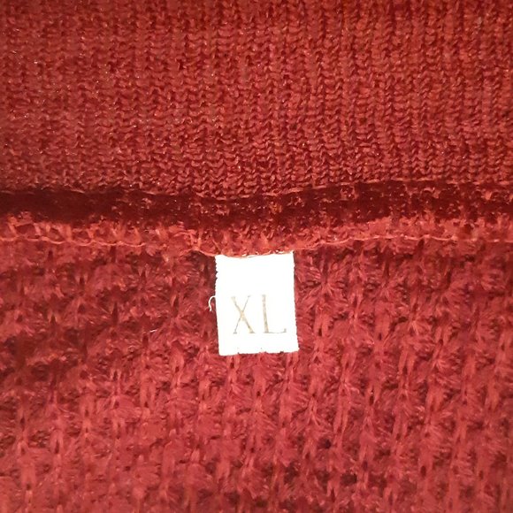 Deep Red Cowl Neck Asymmetrical Button Open Hemmed Sweater - Picture 5 of 9